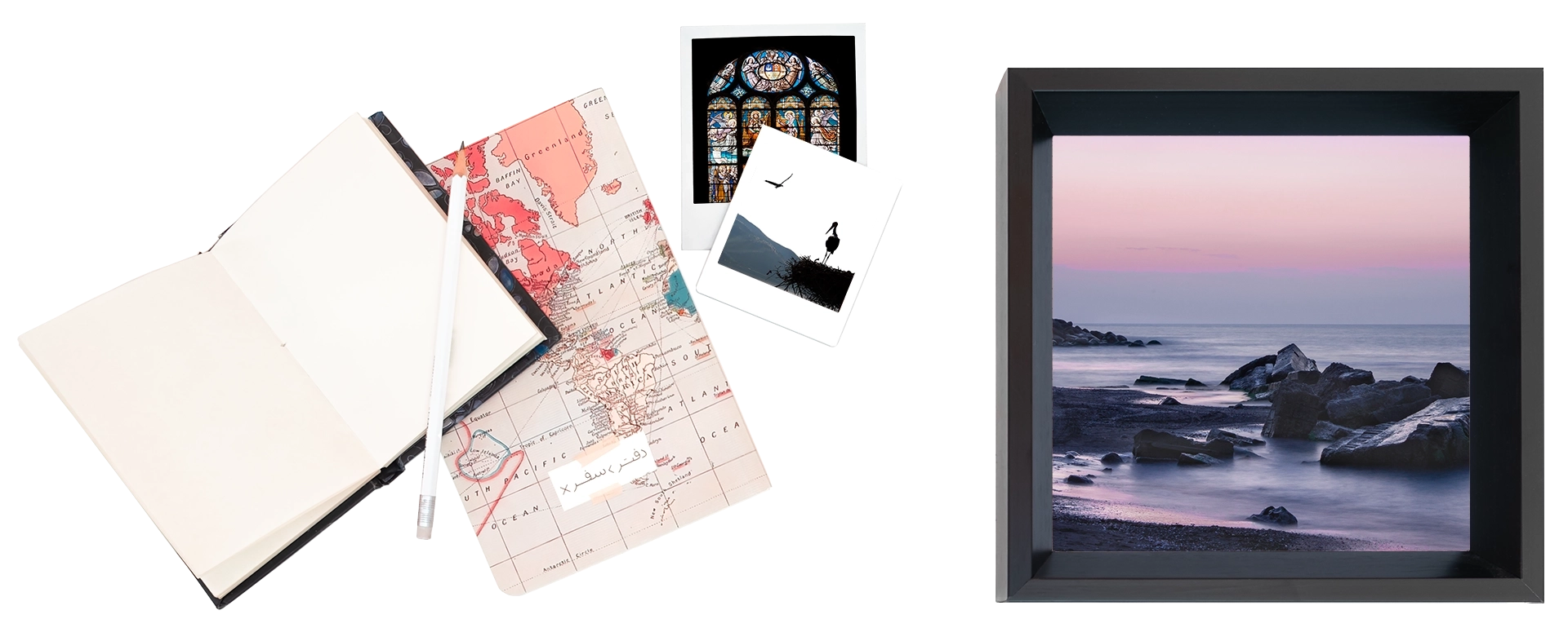 An arrangent of photoframe, notebooks and printed pictures